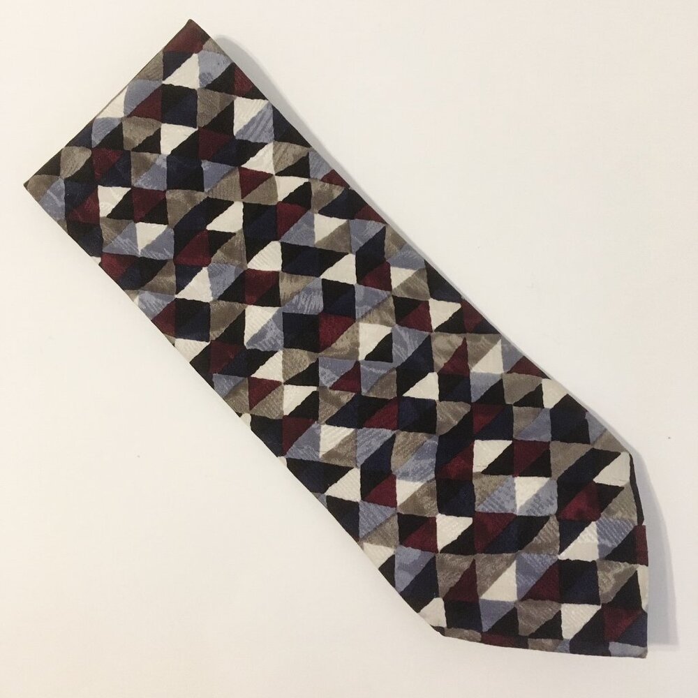 Chez Roffe New York Neck Tie 100% Silk Geometric Burgundy White Gray Navy Tan
